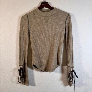 Free People Tan Green Ribbed Women's Top Tie Sleeves XS